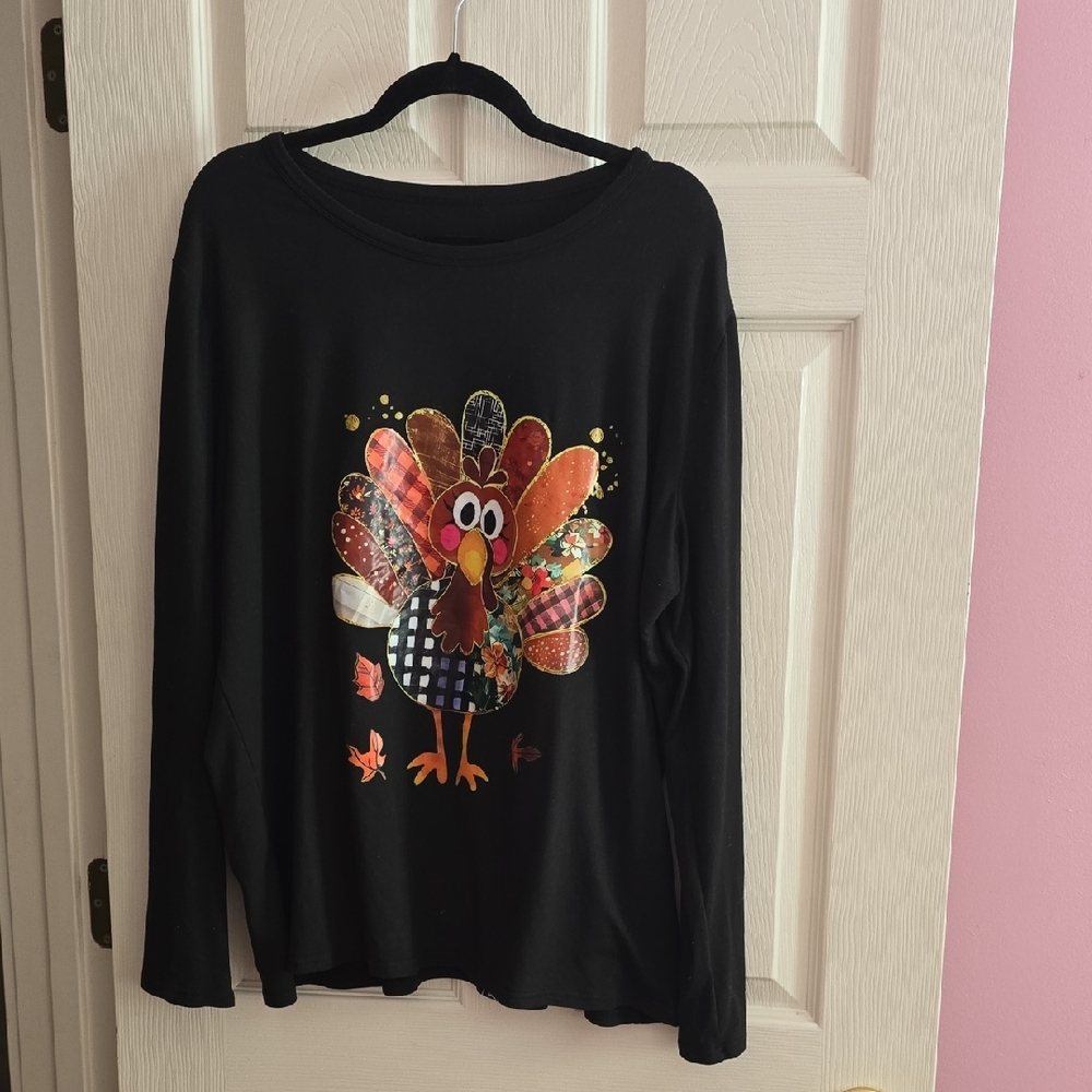 Festive Black Long Sleeve Turkey Graphic Tee